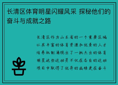 长清区体育明星闪耀风采 探秘他们的奋斗与成就之路