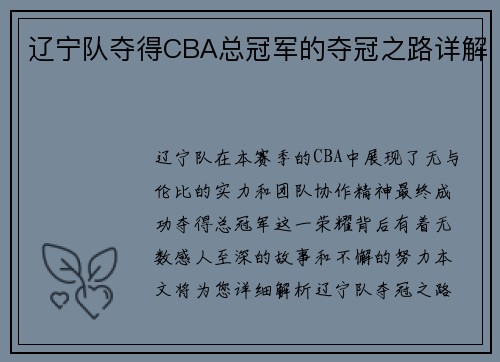 辽宁队夺得CBA总冠军的夺冠之路详解